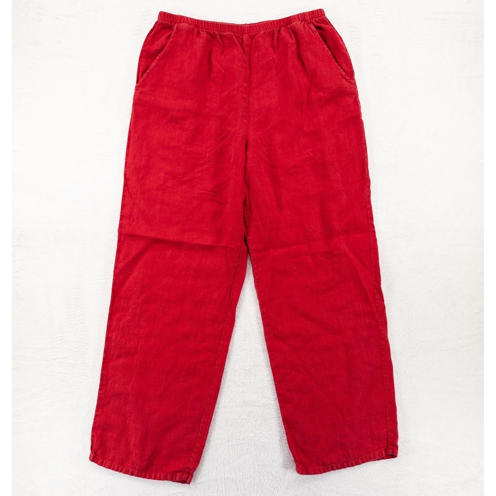 IVY Womens Linen Pants Size Large Red Elastic Waist Straight Leg Casual Summer